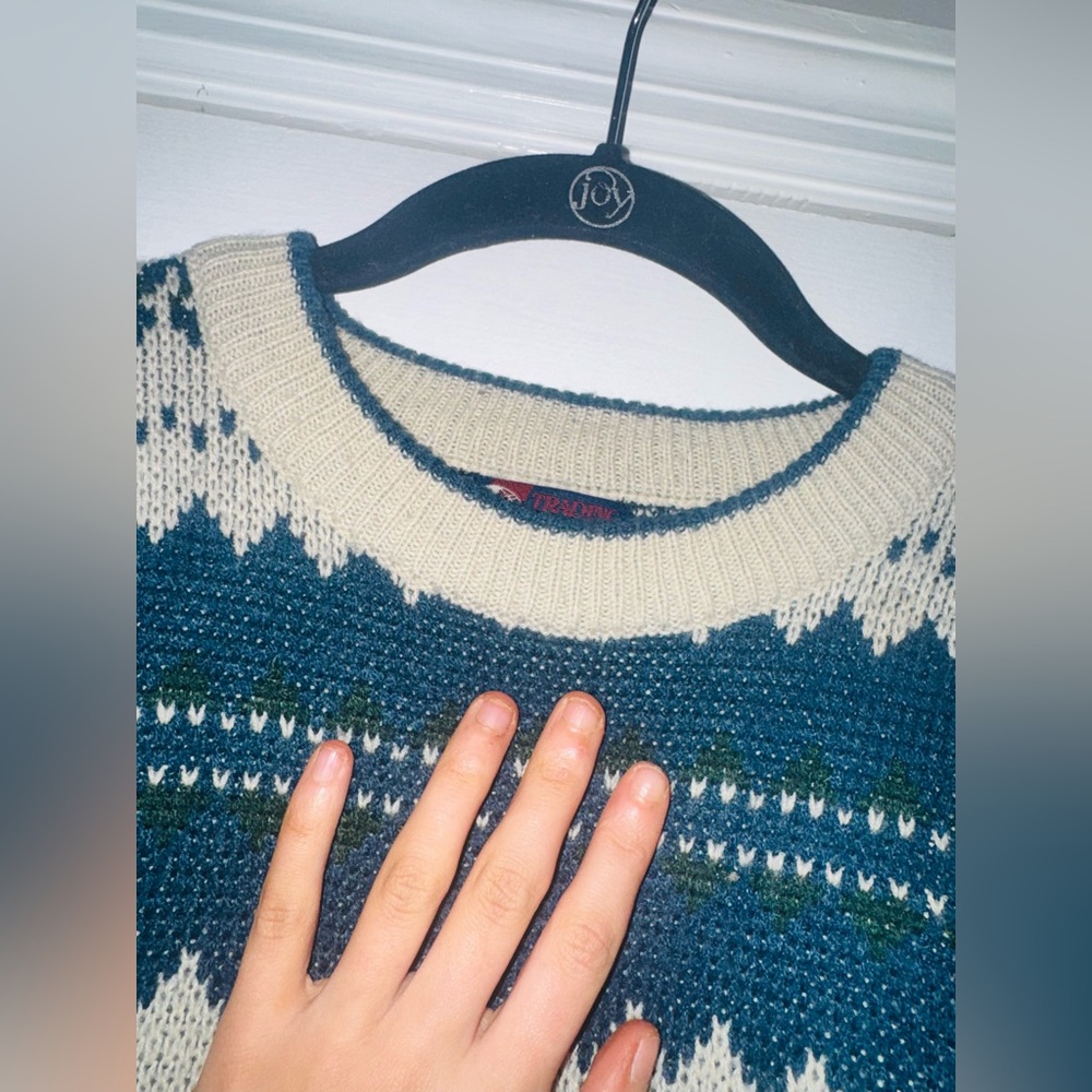 👑 VINTAGE SIZE L Men's Patterned Crewneck Sweater - Black and Cream - Picture 9 of 9